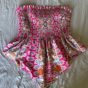 Vibrant Pink and Orange Smocked Strapless Top